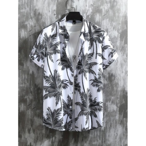 Coconut Palm Print, Men's 2Pcs Outfits, Casual Camp Collar Lapel Button Up Short Sleeve Shirts Hawaii Shirt And Drawstring Shorts Set For Summer, Men's Clothing