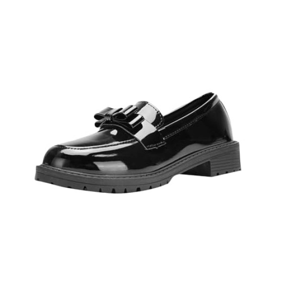 Women Patent Leather Loafers - Summer Glossy Slip-On Dress Shoes with Bow, Chunky Non-Slip Sole Platforms Sandals for School or Casual Wear
