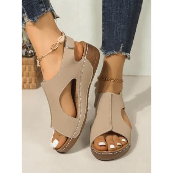 Plus Size Women's Hook & Loop Sandals - Platform Beach Wedges with Breathable Cut-Out Design & Non-Slip Stitched Seams, Wide Width Orthopedic Summer Shoes