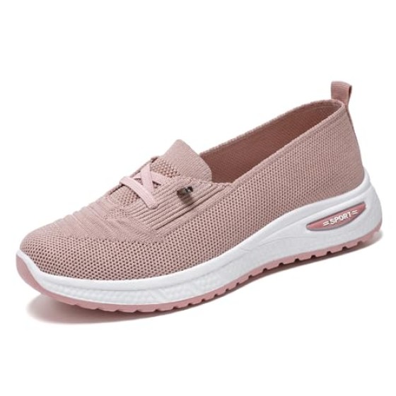 Women's Breathable Knitted Mesh Slip-On Loafers Lace Up Lightweight Orthopedic Low Top Soft Sole Sneakers Platform Non-Slip Outdoor Sport Tennis Shoes